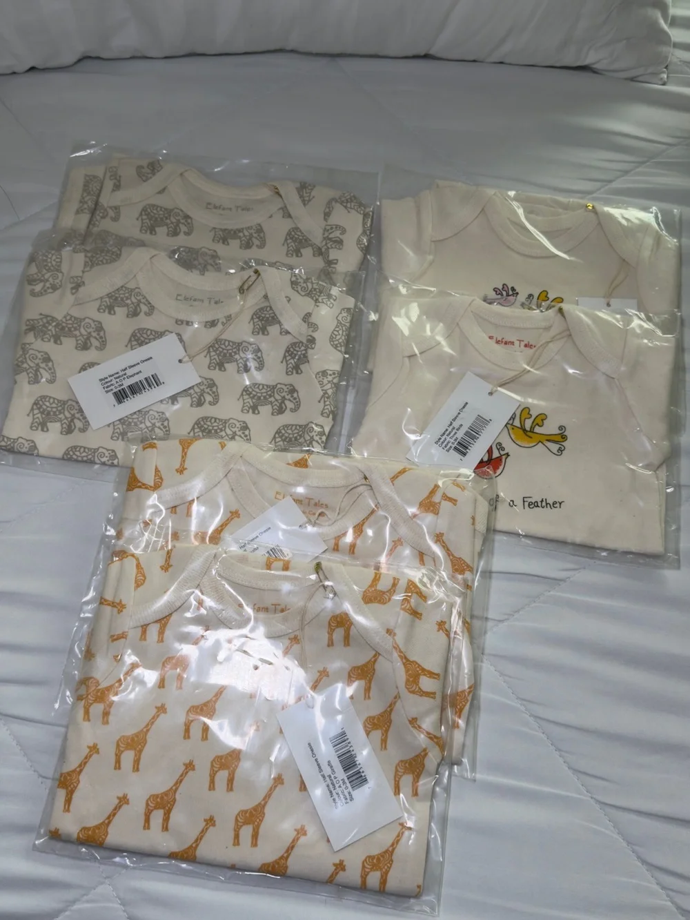 L'ovedbaby Cream Pajama Sets with Mustard Giraffe & Gray Elephant Prints